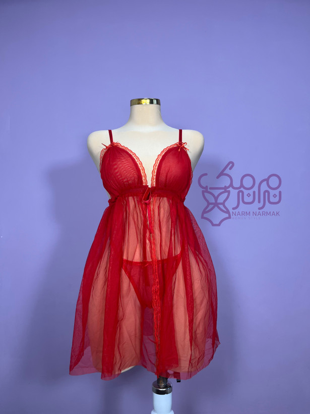 لباس خواب توری زنانه قرمز با نواردوزی خاص