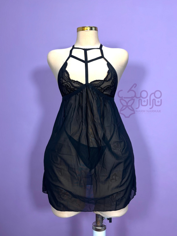 لباس خواب مشکی زنانه با کیپور و بند هارنس